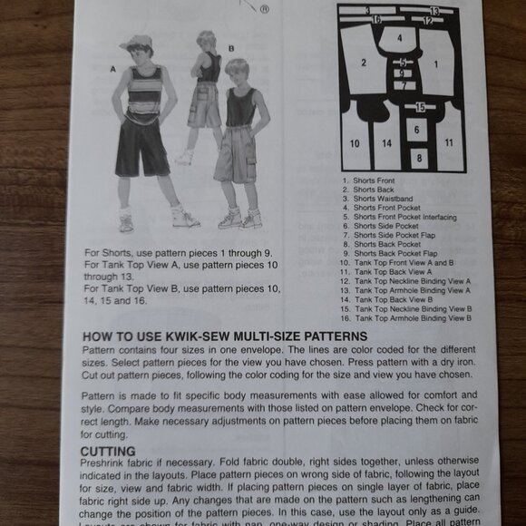 Boys Tank Top & Cargo Shorts Sewing Pattern Sizes 8-14 Kwik Sew 2750 UNCUT - Picture 8 of 8